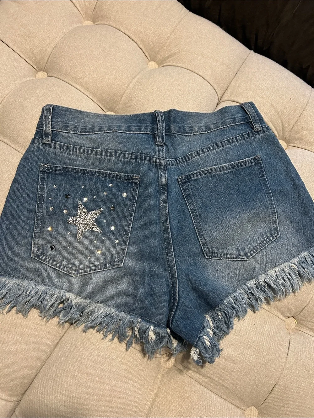 Fashion Nova Dark Blue Denim Star Studded Frayed Hem Shorts